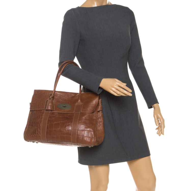 Pre Owned Mulberry Brown Croc Embossed Leather Bayswater Satchel