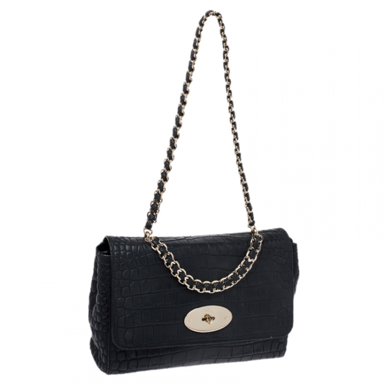 Pre Owned Mulberry Black Croc Embossed Leather Medium Lily Shoulder Bag