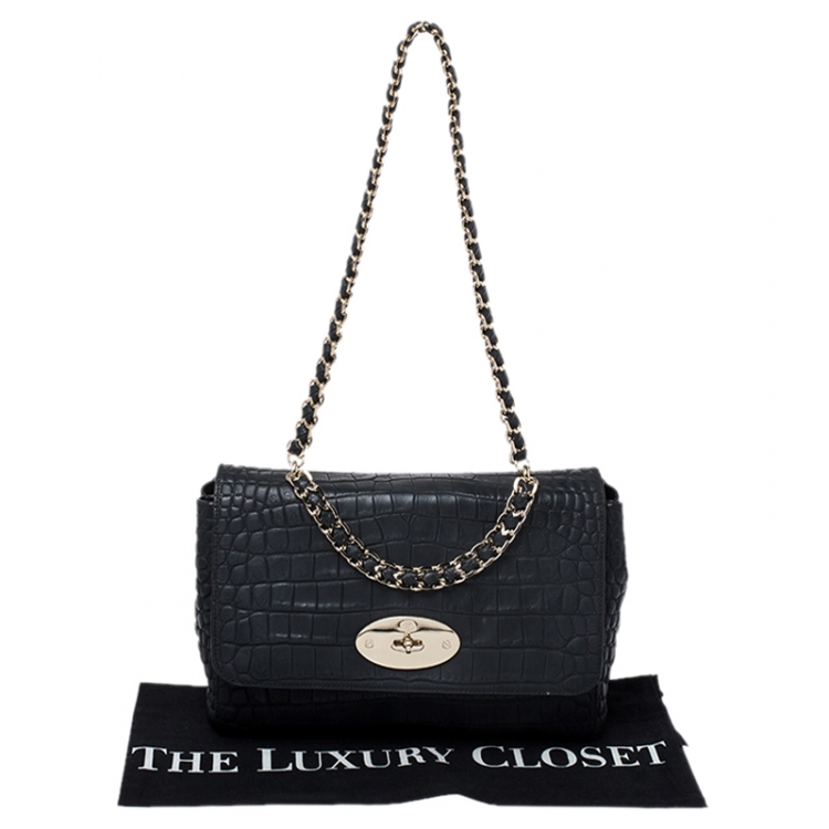 Pre Owned Mulberry Black Croc Embossed Leather Medium Lily Shoulder Bag