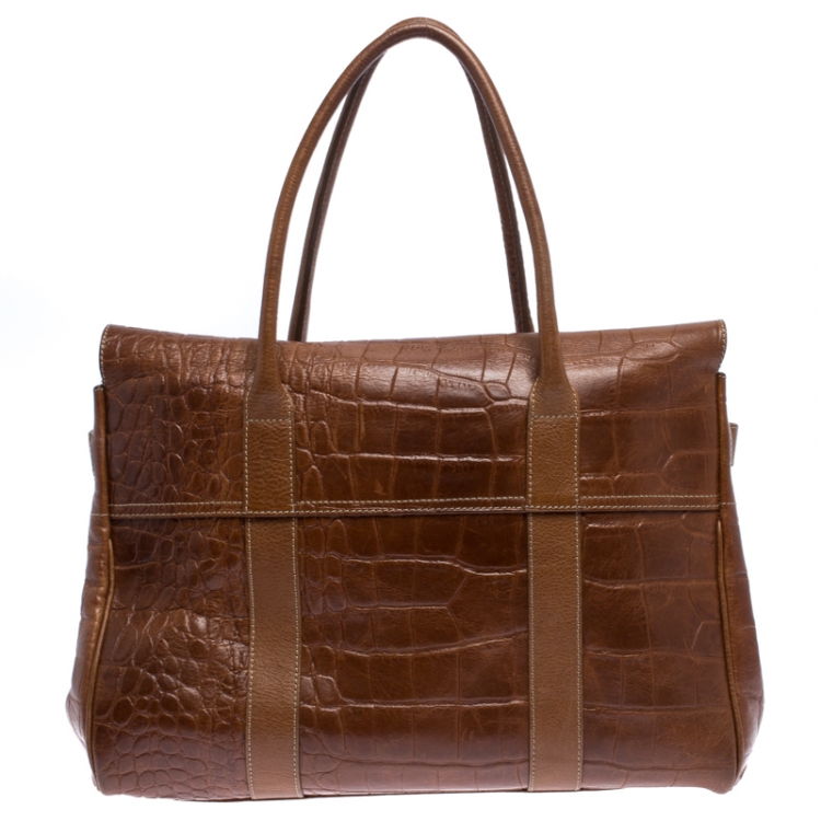 Pre Owned Mulberry Brown Croc Embossed Leather Bayswater Satchel