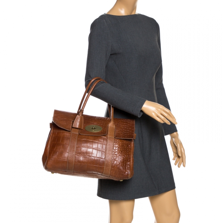 Pre Owned Mulberry Brown Croc Embossed Leather Bayswater Satchel