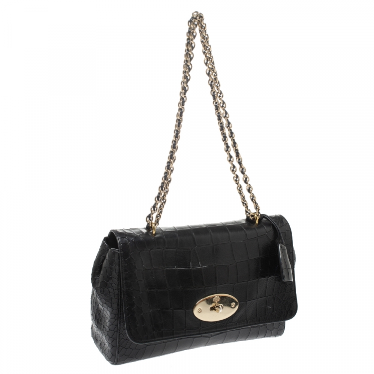 Pre Owned Mulberry Black Croc Embossed Leather Medium Lily Shoulder Bag