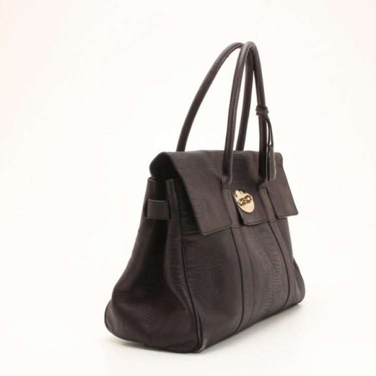 Pre Owned Mulberry Black Soft Croc Printed Bayswater Satchel