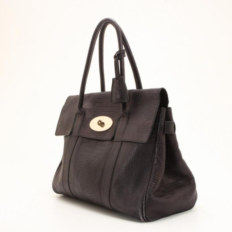 Pre Owned Mulberry Black Soft Croc Printed Bayswater Satchel