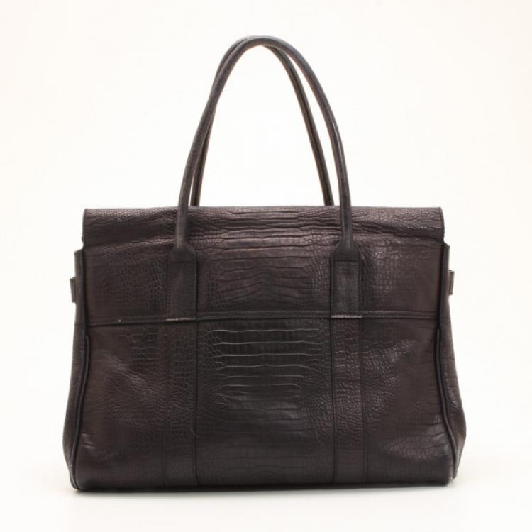 Pre Owned Mulberry Black Soft Croc Printed Bayswater Satchel