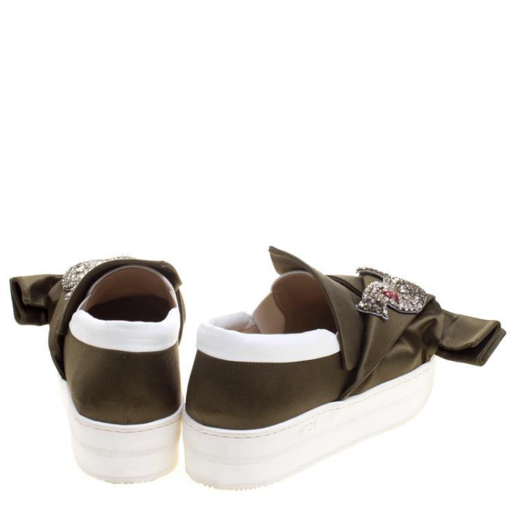 Pre Owned N21 Olive Green Satin Crystal Embellished Bow Slip on Sneakers Size 39