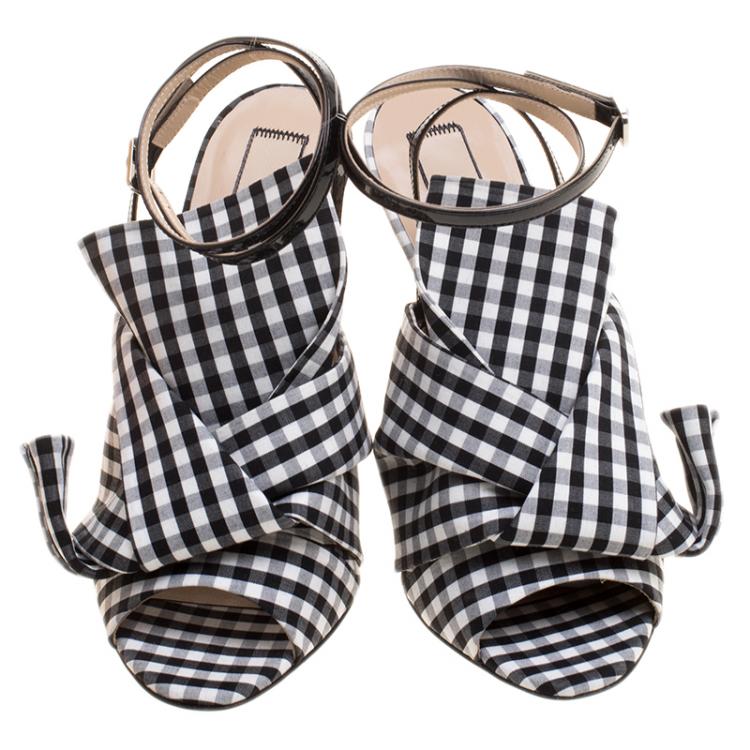 Pre Owned N°21 Monochrome Checkered Knotted Fabric Gingham Ankle Wrap Peep Toe Sandals Size 40