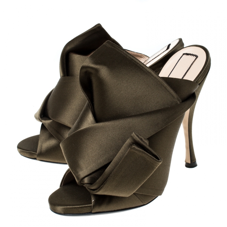 Pre Owned N21 Olive Green Satin Raso Knot Peep Toe Mules Size 38.5