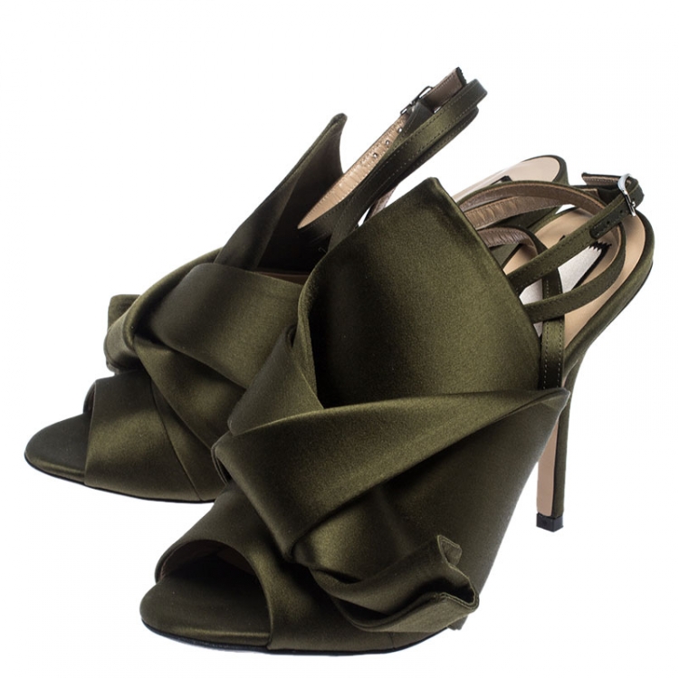 Pre Owned N°21 Green Satin Ronny Pleated Ankle Wrap Peep Toe Sandals Size 37