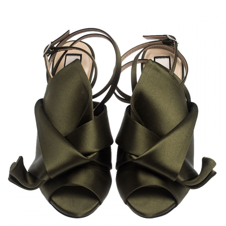 Pre Owned N°21 Green Satin Ronny Pleated Ankle Wrap Peep Toe Sandals Size 37