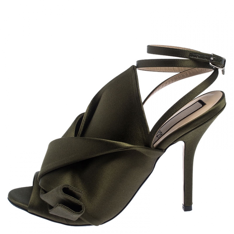 Pre Owned N°21 Green Satin Ronny Pleated Ankle Wrap Peep Toe Sandals Size 37