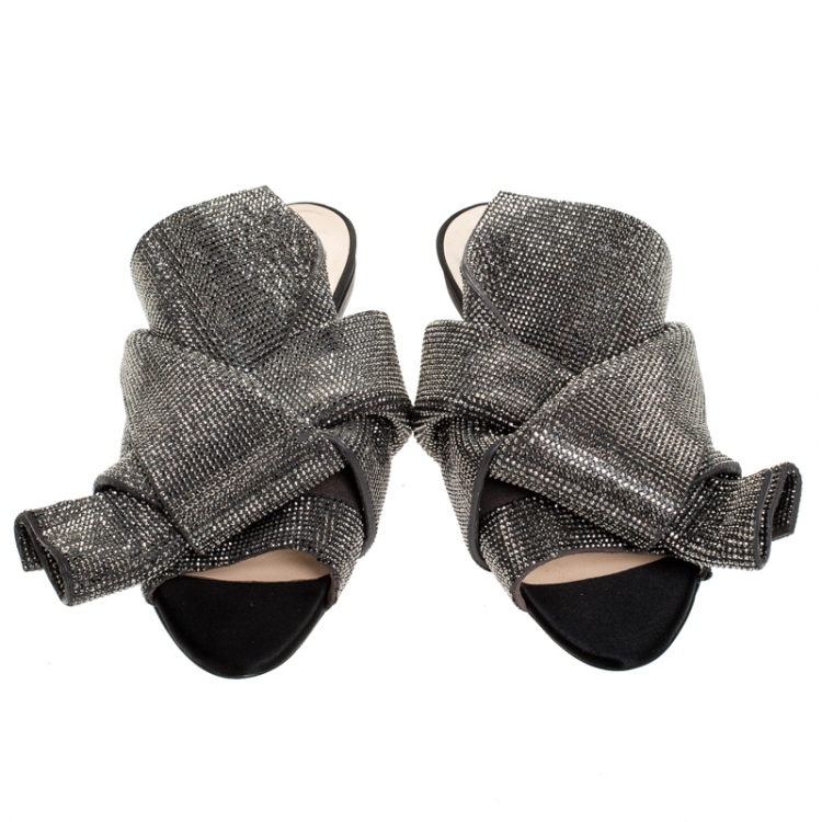 مملوكة مسبقًا N21 Metallic Brown Leather Crystal Embellished Bow Mules Size 36