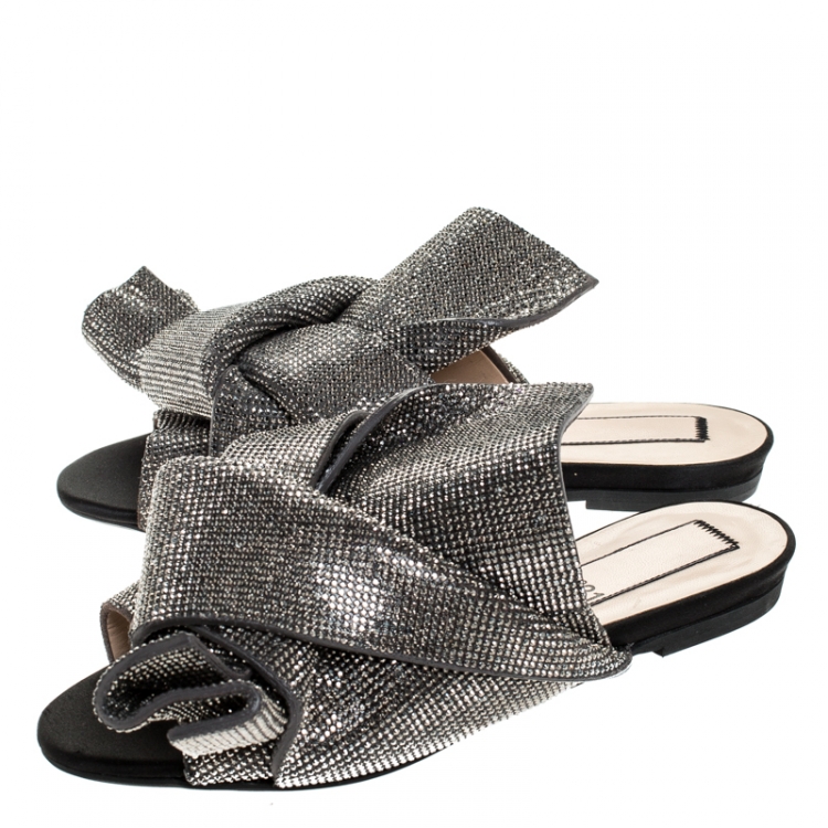 مملوكة مسبقًا N21 Metallic Brown Leather Crystal Embellished Bow Mules Size 36