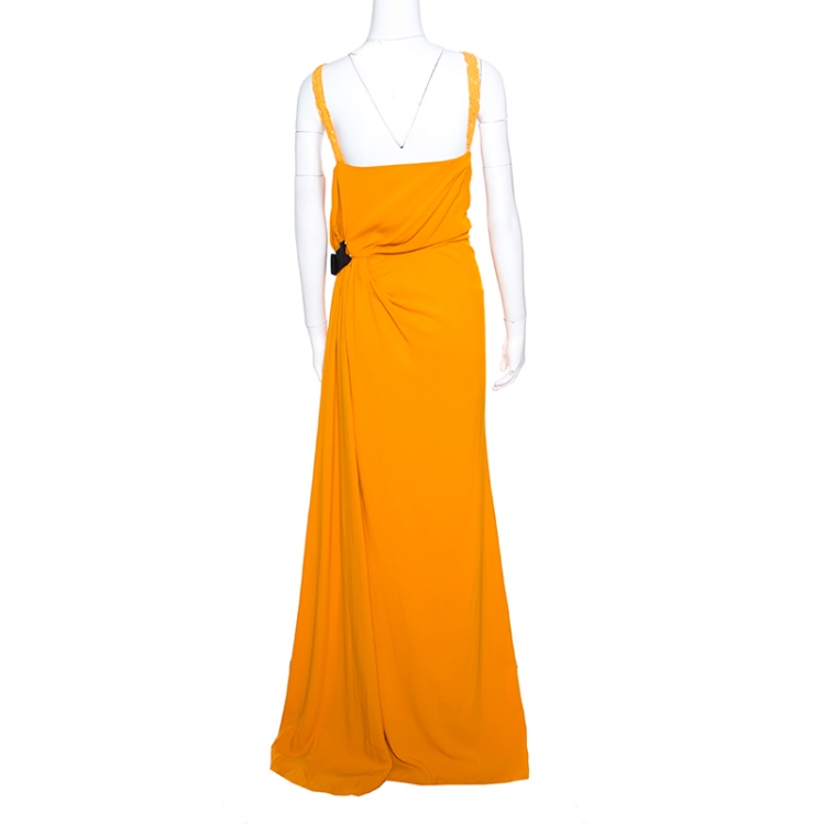 Pre Owned N21 Mustard Yellow Asymmetric Pleat Detail Lace Trim Maxi Dress L