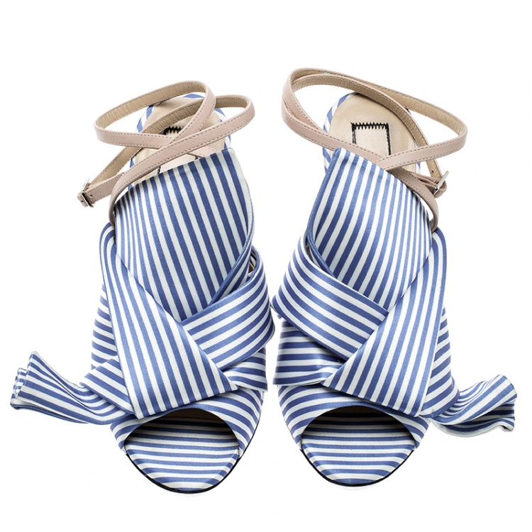 Pre Owned N 21 Blue/White Stripe Knotted Satin Gingham Ankle Wrap Peep Toe Sandals 37
