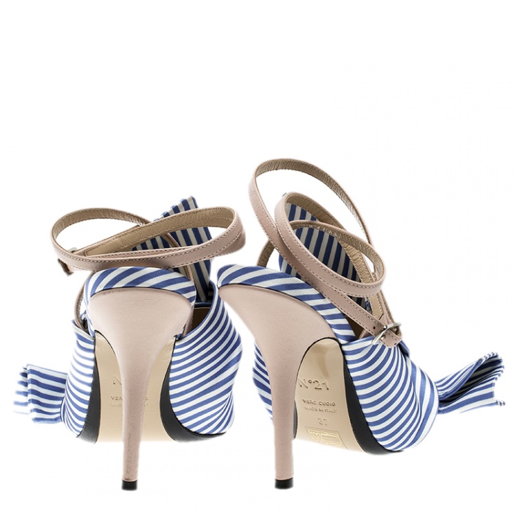 Pre Owned N 21 Blue/White Stripe Knotted Satin Gingham Ankle Wrap Peep Toe Sandals 37