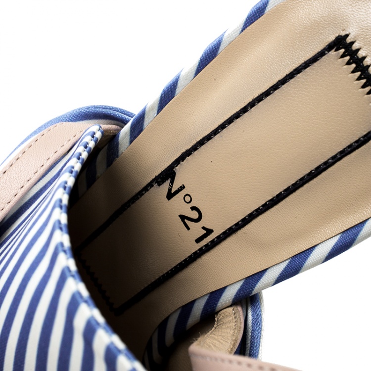Pre Owned N 21 Blue/White Stripe Knotted Satin Gingham Ankle Wrap Peep Toe Sandals 37