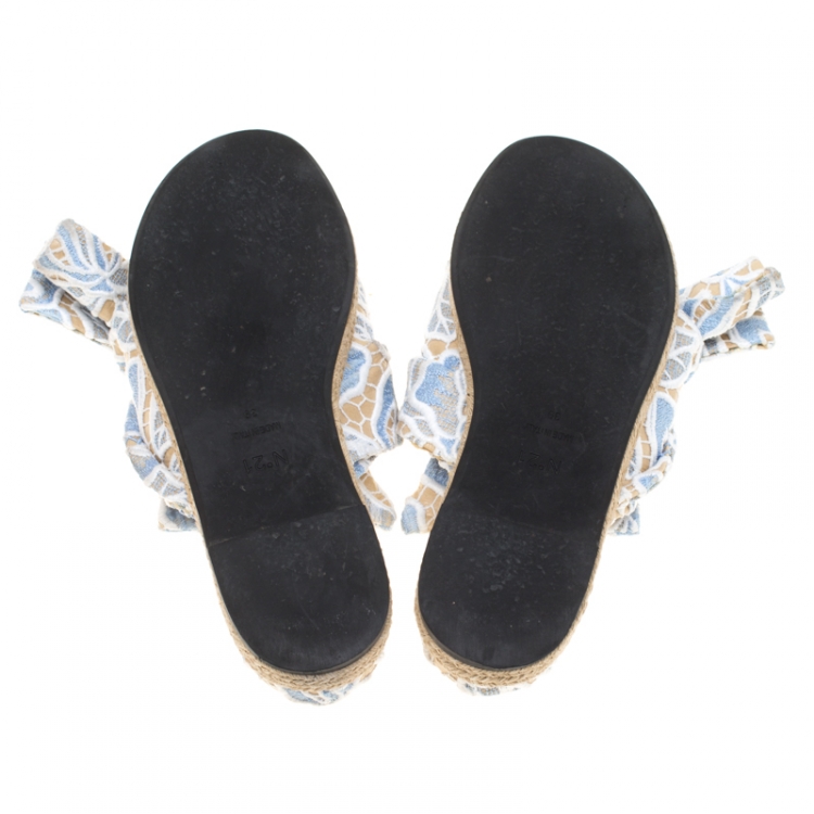 Pre Owned N21 Beige Leather And Blue/White Lace Knot Espadrille Flat Slides Size 39