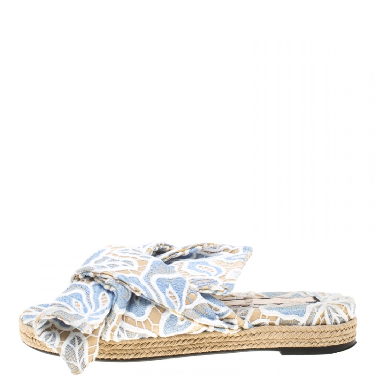 Pre Owned N21 Beige Leather And Blue/White Lace Knot Espadrille Flat Slides Size 39