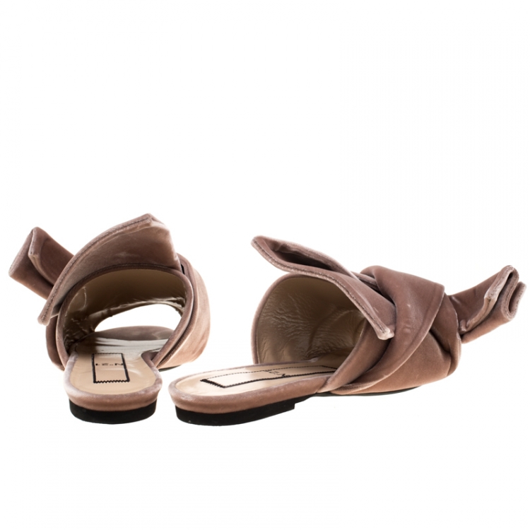 Pre Owned N21 Pale Pink Velvet Raso Knot Flat Slides Size 38.5