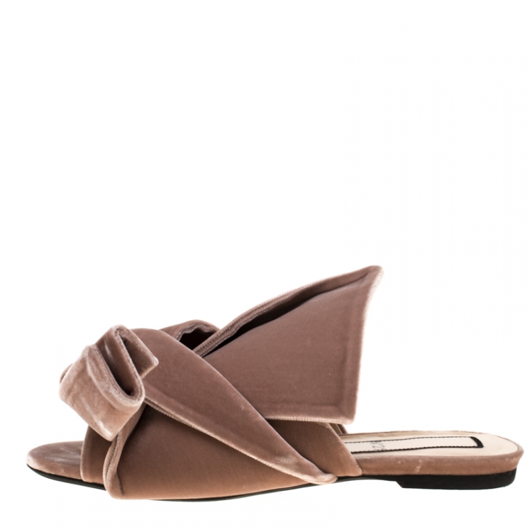 Pre Owned N21 Pale Pink Velvet Raso Knot Flat Slides Size 38.5