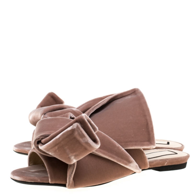 Pre Owned N21 Pale Pink Velvet Raso Knot Flat Slides Size 38.5