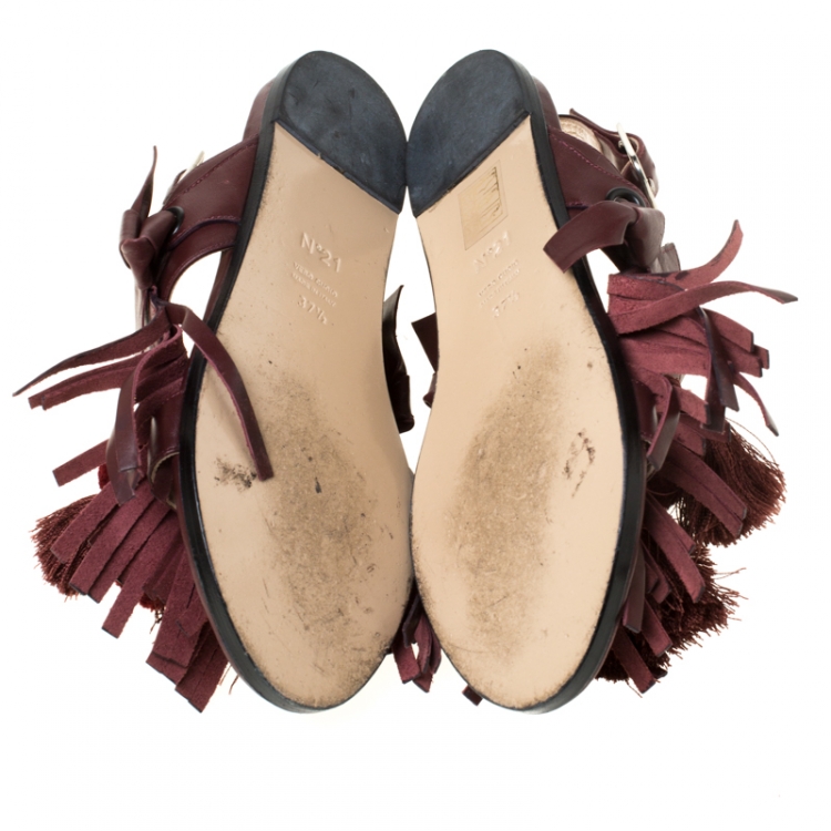 Pre Owned N21 Maroon Leather Pompom and Tassel Slingback Flats Size 37.5