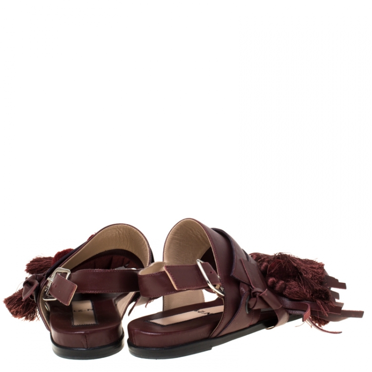 Pre Owned N21 Maroon Leather Pompom and Tassel Slingback Flats Size 37.5