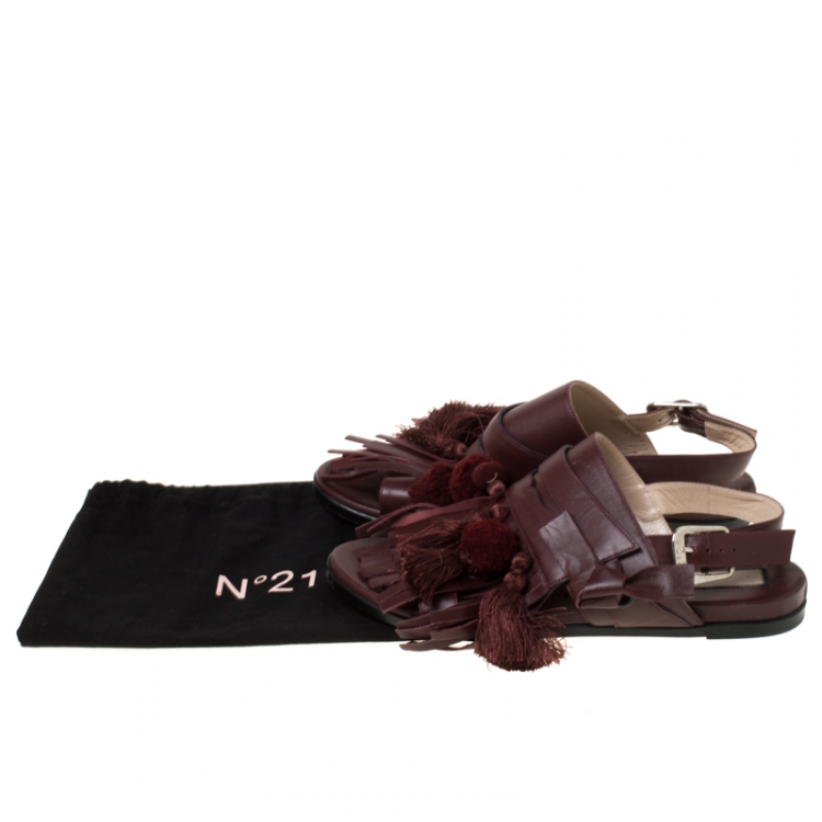 Pre Owned N21 Maroon Leather Pompom and Tassel Slingback Flats Size 37.5