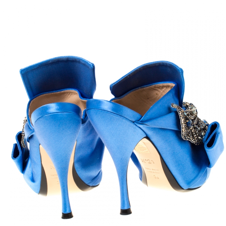 Pre Owned N°21 Blue Embellished Satin Knot Mules Sandals Size 36