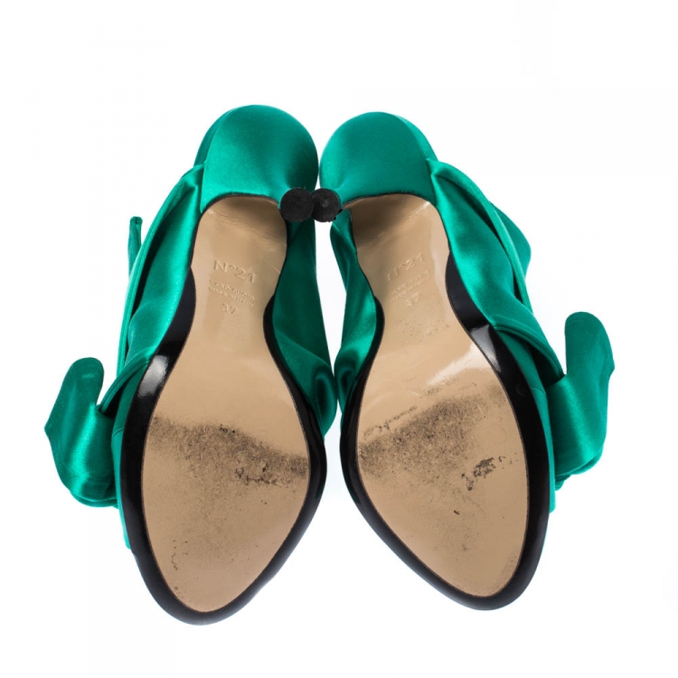 Pre Owned N21 Emerald Green Satin Raso Knot Peep Toe Mules Size 37