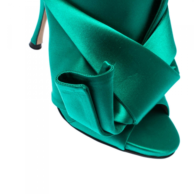 Pre Owned N21 Emerald Green Satin Raso Knot Peep Toe Mules Size 37