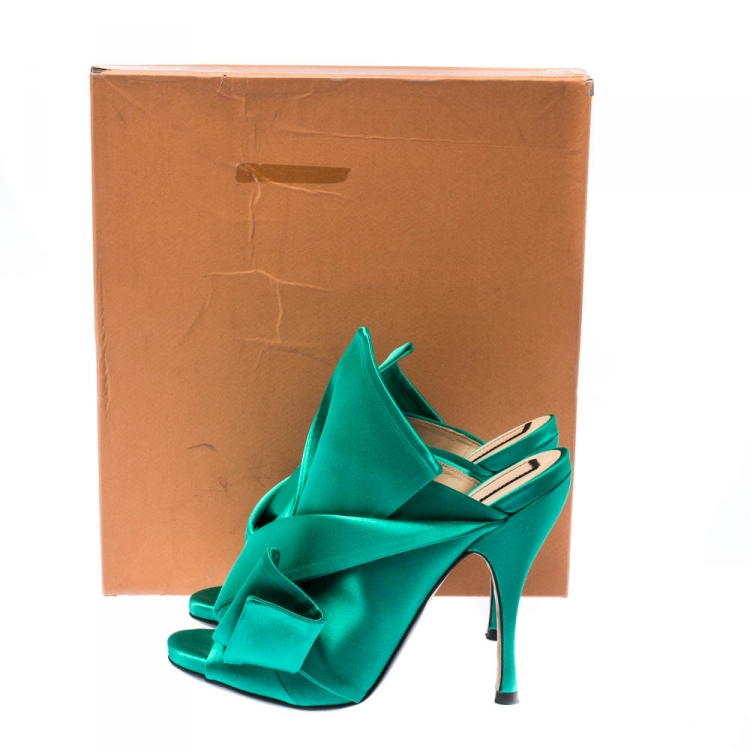 Pre Owned N21 Emerald Green Satin Raso Knot Peep Toe Mules Size 37