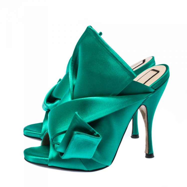 Pre Owned N21 Emerald Green Satin Raso Knot Peep Toe Mules Size 37