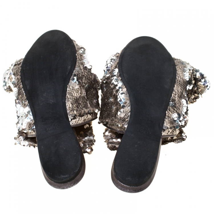 Pre Owned N21 Silver Sequins Knotted Flat Slides Size 38