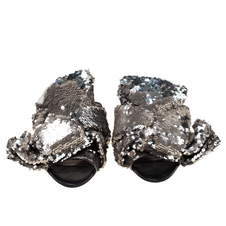 Pre Owned N21 Silver Sequins Knotted Flat Slides Size 38