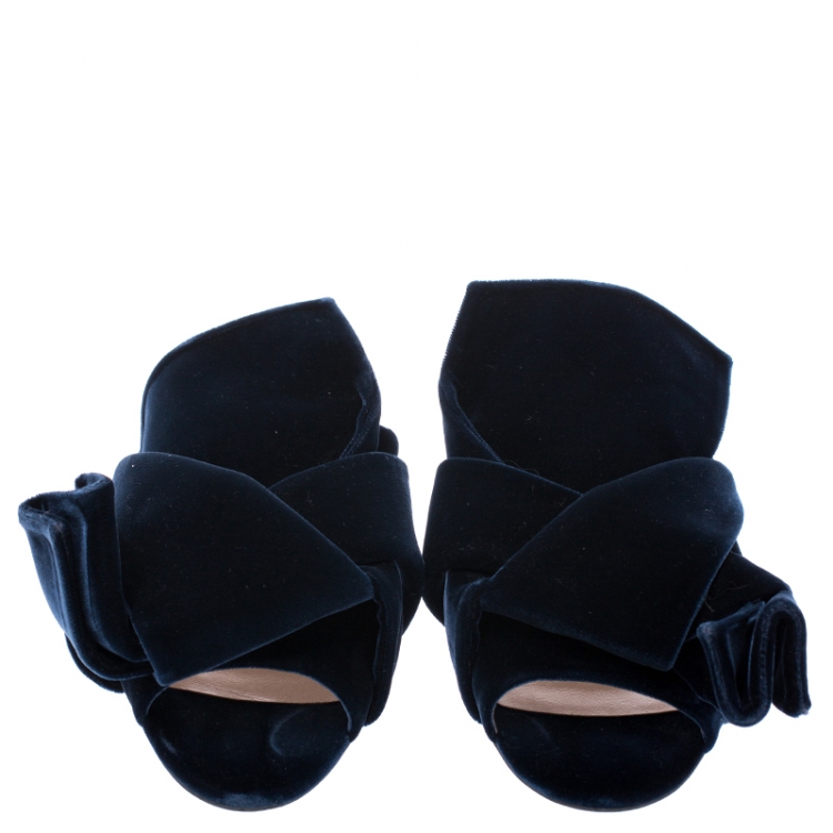 Pre Owned N21 Dark Blue Velvet Knot Flat Mules Size 38