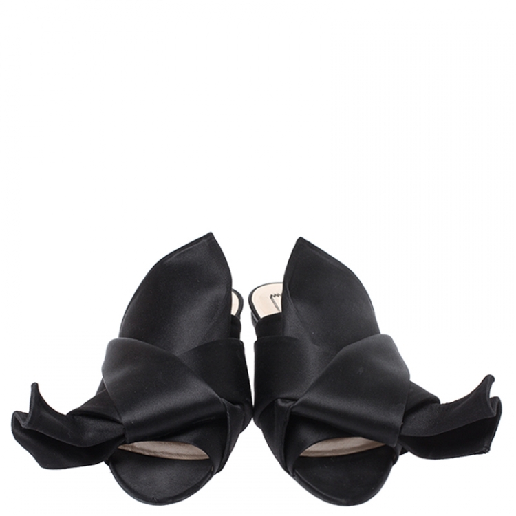 Pre Owned N21 Black Satin Knot Flat Slip On Mules Size 38