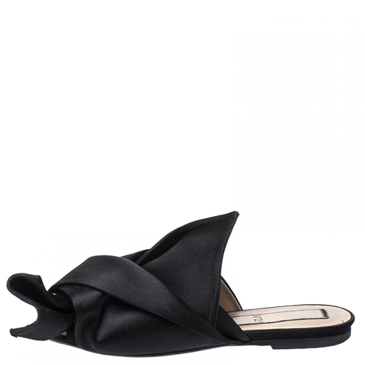 Pre Owned N21 Black Satin Knot Flat Slip On Mules Size 38