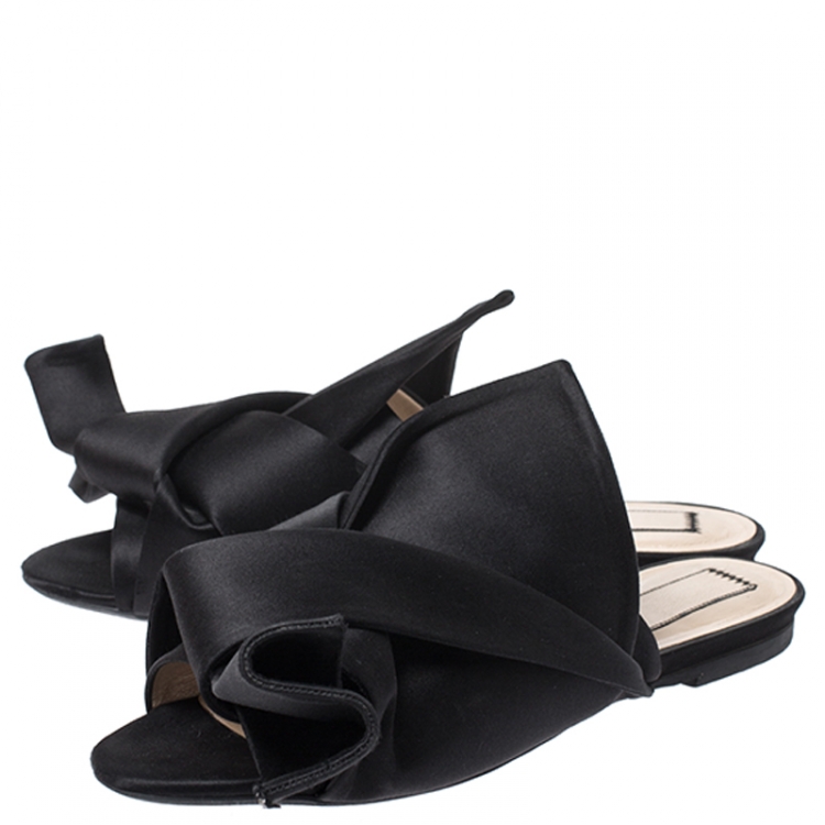 Pre Owned N21 Black Satin Knot Flat Slip On Mules Size 38