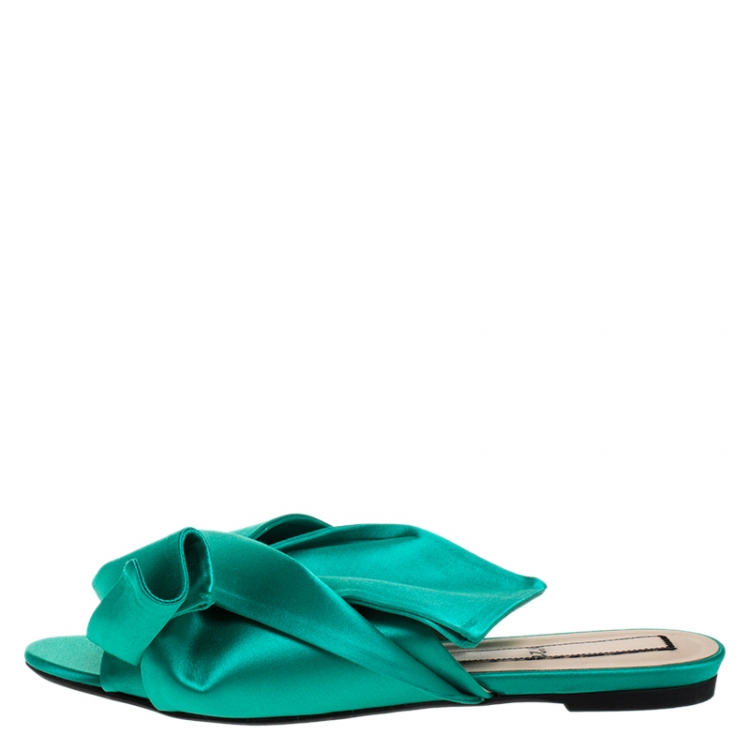 Pre Owned N21 Green Satin Knot Flat Mules Size 42