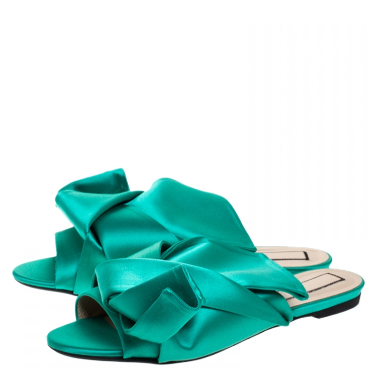 Pre Owned N21 Green Satin Knot Flat Mules Size 42
