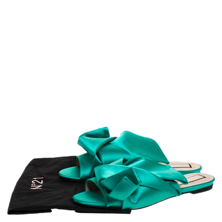 Pre Owned N21 Green Satin Knot Flat Mules Size 42