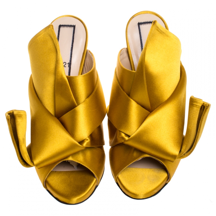 Pre Owned N21 Yellow Satin Raso Knot Peep Toe Mules Size 39