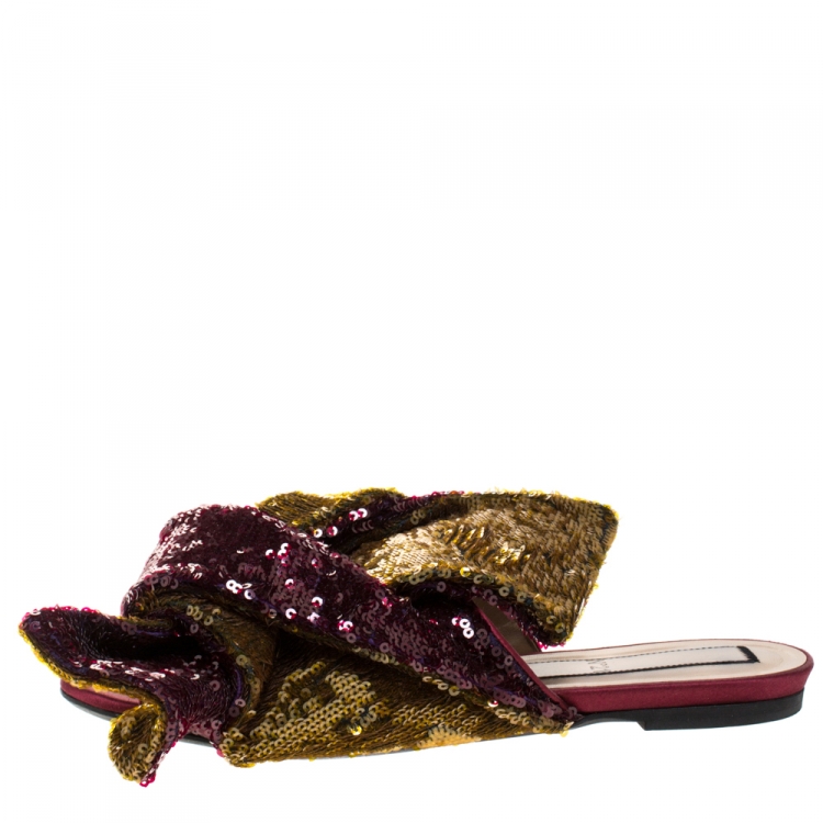 Pre Owned N21 Multicolor Sequin Embellished Knotted Flat Slides Size 40