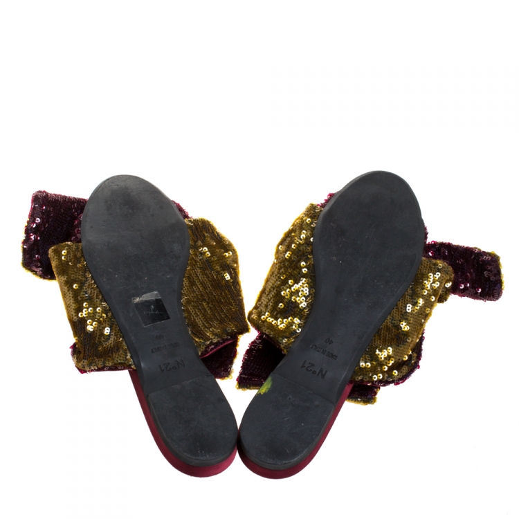 Pre Owned N21 Multicolor Sequin Embellished Knotted Flat Slides Size 40