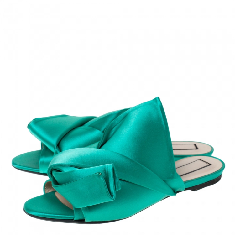 Pre Owned N21 Green Satin Knot Flat Mules Size 39.5