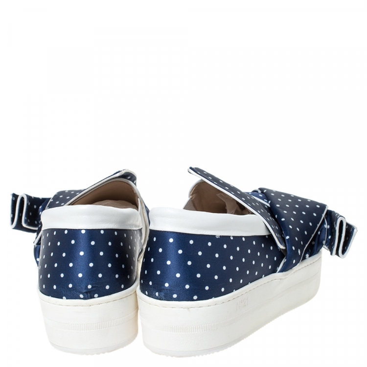 Pre Owned N21 Blue/White Polka Dot Satin Knot Slip On Sneakers Size 41