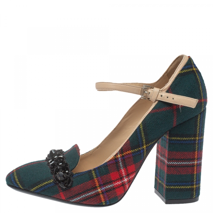 مملوكة مسبقًا N21 Green Check Fabric Mary Jane Pumps Size 38.5