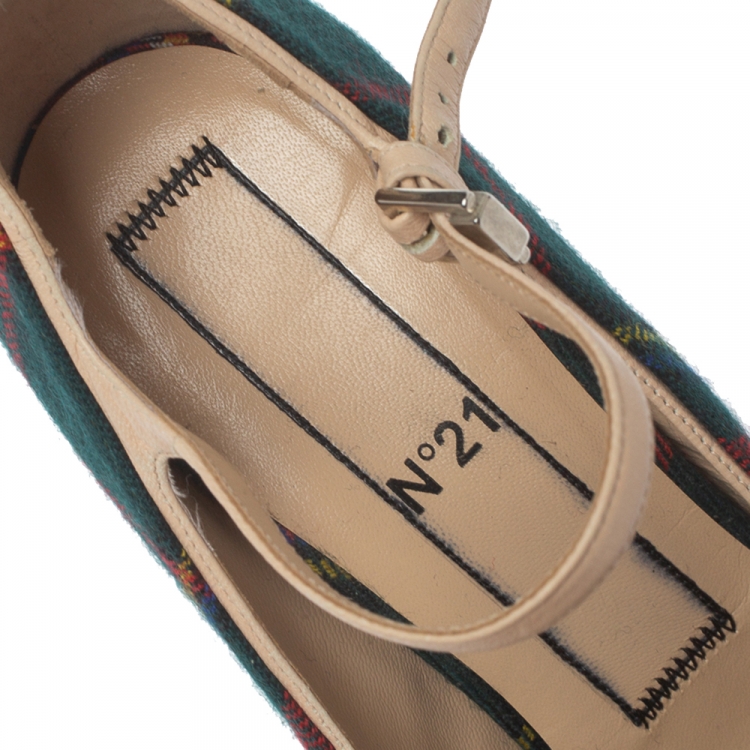 مملوكة مسبقًا N21 Green Check Fabric Mary Jane Pumps Size 38.5
